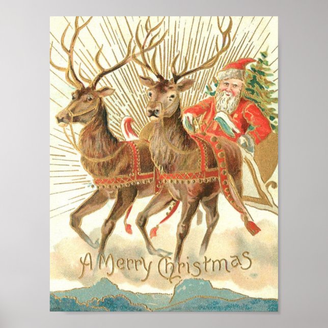 Merry Christmas (Santa and his Reindeer) Poster (Front)