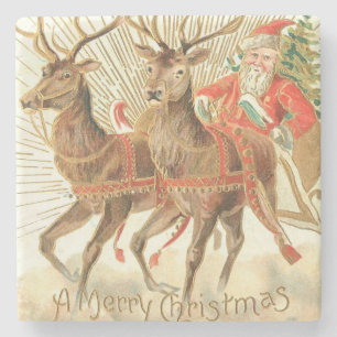 Merry Christmas (Santa and his Reindeer) Stone Coaster
