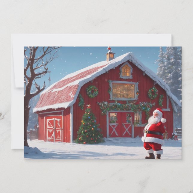 Merry Christmas - Santa and Red Barn Holiday Card (Front)