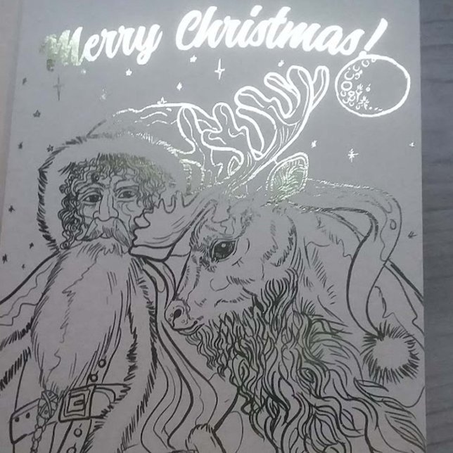 Merry Christmas Santa and Reindeer  Foil Card (Beautiful Santa and Deer on Gold Foil Christmas Card)