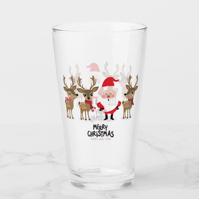 Merry Christmas Santa and Reindeer  Glass (Front)