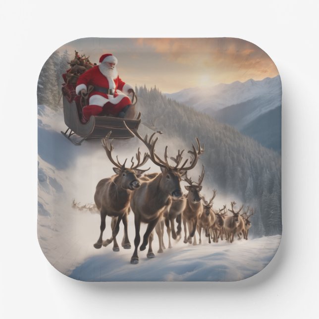 Merry Christmas Santa and Reindeer  Paper Plate (Front)
