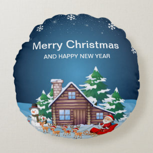 Merry christmas - santa and reindeer  round cushion