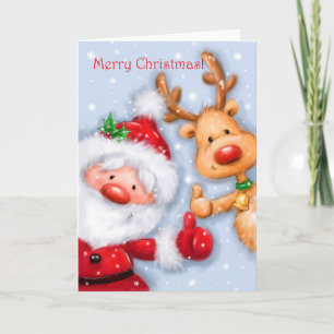 Merry Christmas, Santa and reindeer with thumb up Card