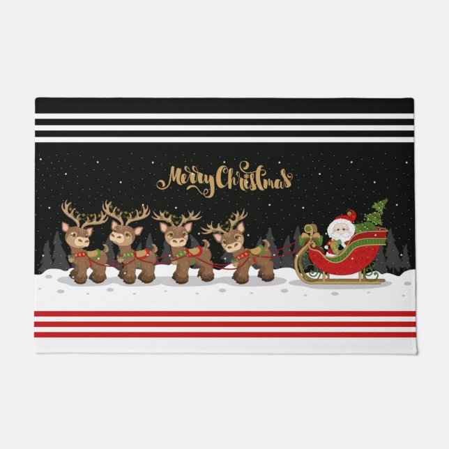 Merry Christmas Santa and Sleigh with Reindeer Doormat (Front)