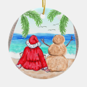 Merry Christmas Santa and Snowman on Beach Ceramic Ornament