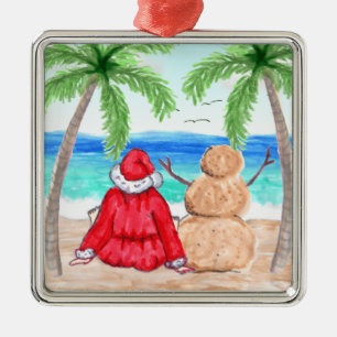 Merry Christmas Santa and Snowman on Beach Metal Ornament