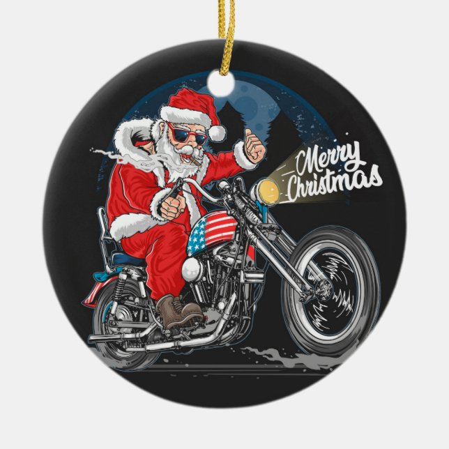 Merry Christmas Santa Biker  Ceramic Ornament (Front)