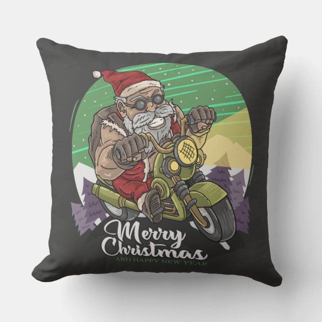 Merry Christmas Santa Biker Throw Pillow (Front)