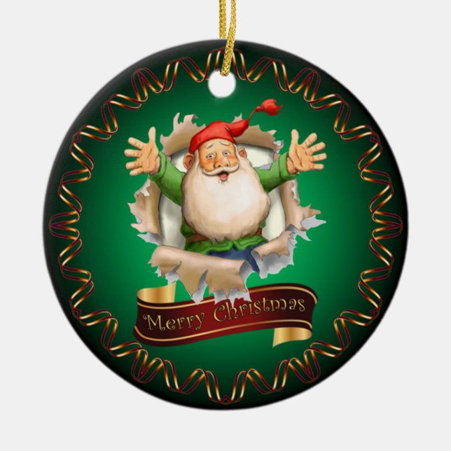 Merry Christmas ~ Santa Breaking Through ~ Ceramic Ornament (Front)