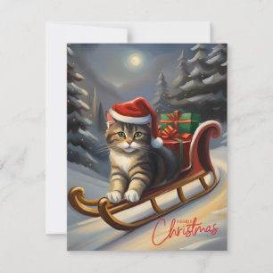 Merry Christmas Santa Cat on Sleigh Holiday Card