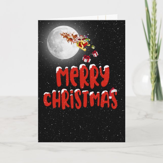 Merry Christmas Santa Claus and Moon   Holiday Card (Front)