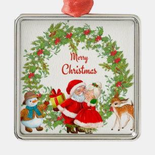 Merry Christmas Santa Claus and Mrs. Claus Metal Ornament