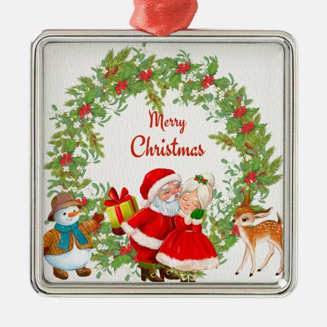 Merry Christmas Santa Claus and Mrs. Claus Metal Ornament (Front)