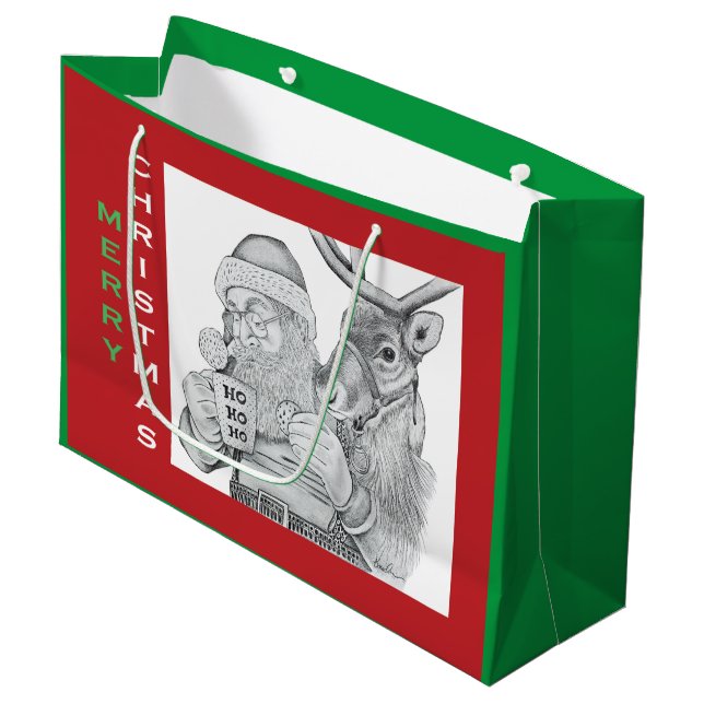 Merry Christmas Santa Claus and Reindeer Large Gift Bag (Front Angled)