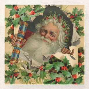 Merry Christmas Santa Claus Antique classic Glass Coaster