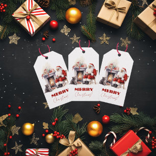 Merry Christmas Santa Claus By the Fireplace Gift Tags
