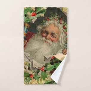 Merry Christmas Santa Claus Holly Bath Towel Set