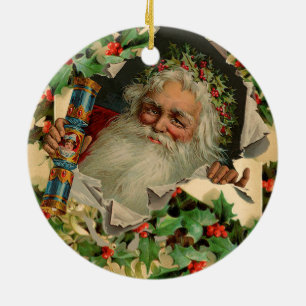 Merry Christmas Santa Claus Holly Ceramic Ornament