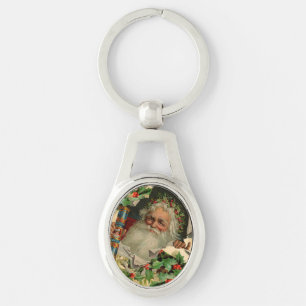 Merry Christmas Santa Claus Holly Key Ring