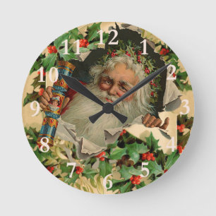Merry Christmas Santa Claus Holly Round Clock