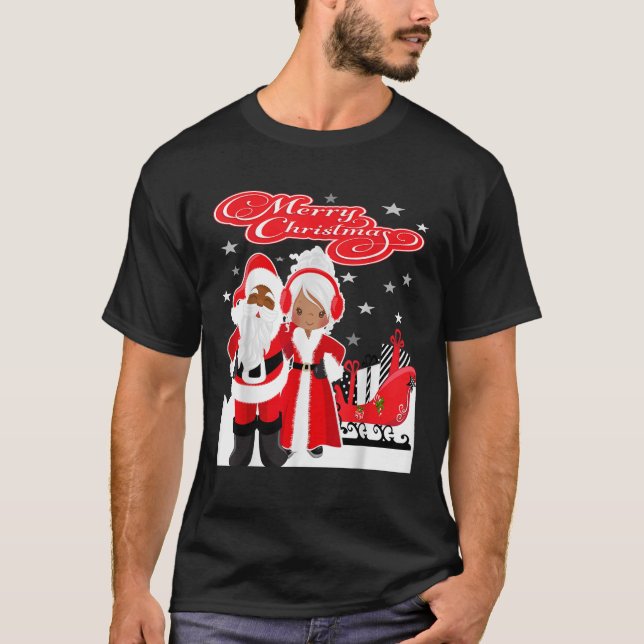 Merry Christmas Santa Claus Mrs Claus African Amer T-Shirt (Front)