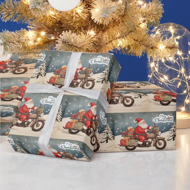 Merry Christmas Santa Claus on Motorcycle Wrapping Paper (Holidays)