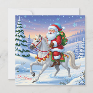 Merry Christmas Santa Claus on White Horse Holiday Card