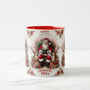 Merry Christmas Santa Claus Reading to Reindeers  Two-Tone Coffee Mug