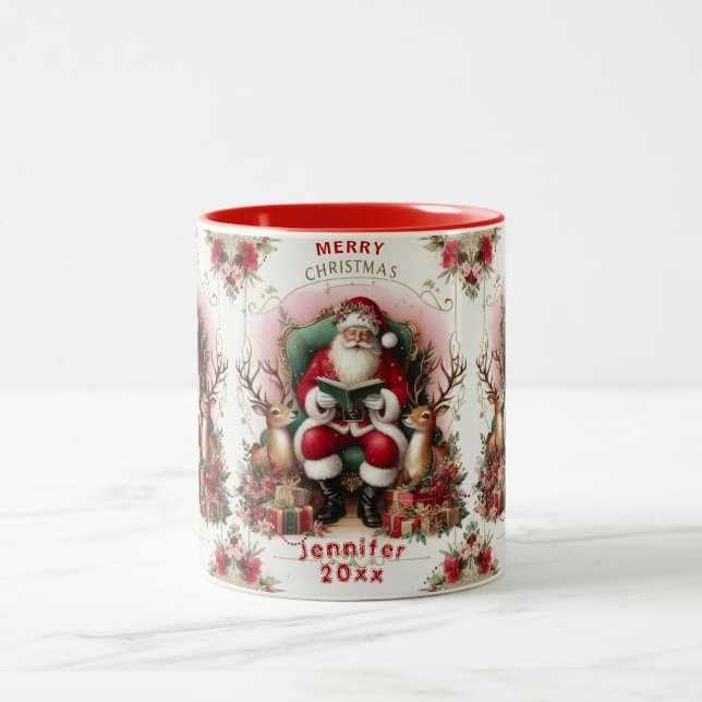 Merry Christmas Santa Claus Reading to Reindeers  Two-Tone Coffee Mug (Center)