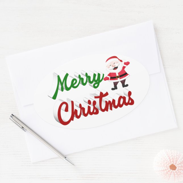 Merry Christmas Santa Claus red green script Oval Sticker (Envelope)