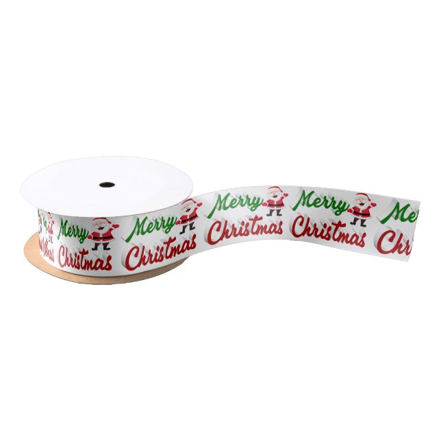 Merry Christmas Santa Claus red green script Satin Ribbon (Spool)