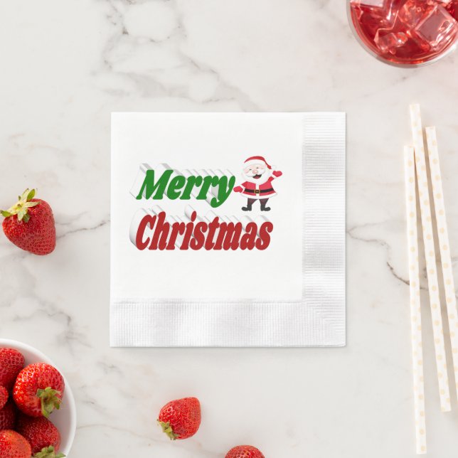 Merry Christmas Santa Claus red green typography Napkin (Insitu)