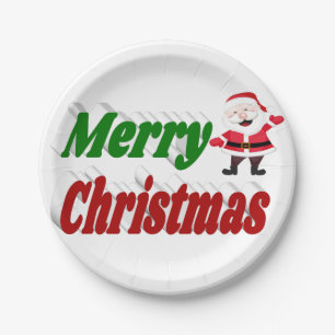 Merry Christmas Santa Claus red green typography  Paper Plate