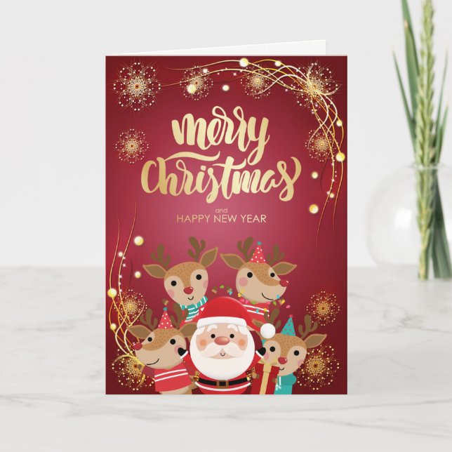 Merry Christmas,Santa Claus,Reindeers,Red  Holiday Card (Front)
