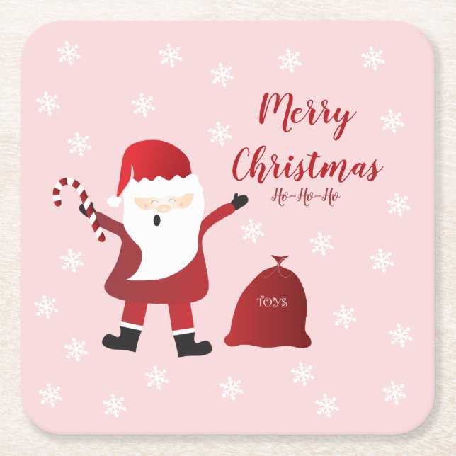 Merry Christmas Santa Claus Snowflakes Red White Square Paper Coaster (Front)