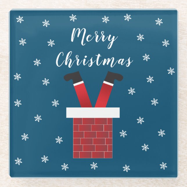 Merry Christmas Santa Claus Stuck In A Chimney Glass Coaster (Front)