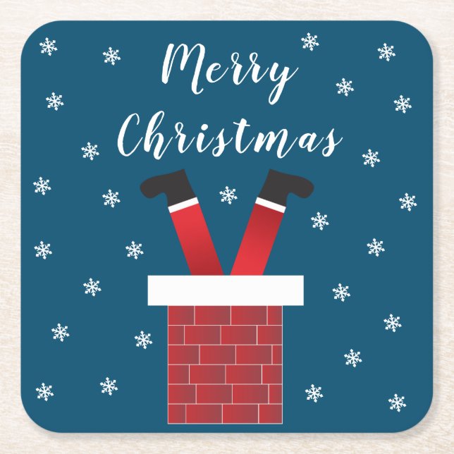 Merry Christmas Santa Claus Stuck In A Chimney Red Square Paper Coaster (Front)