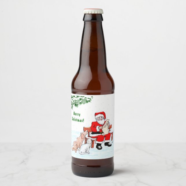 Merry Christmas! Santa Claus with Cat and Dog Beer Bottle Label (Front)