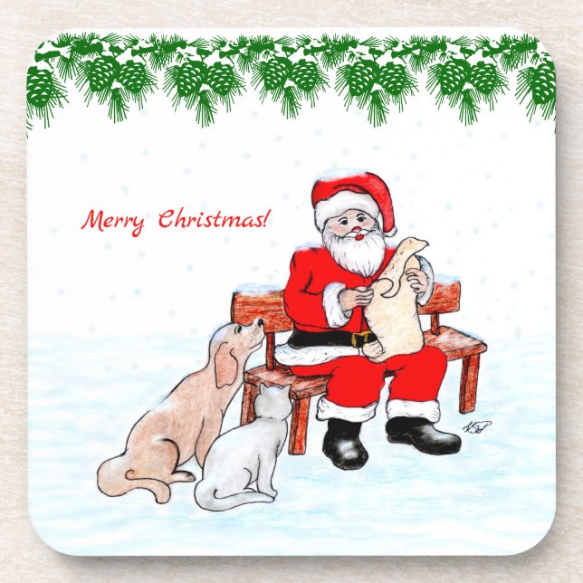 Merry Christmas - Santa Claus with Cat and Dog Coaster (Front)
