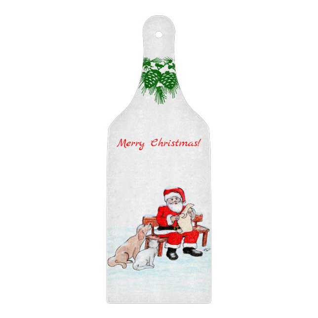 Merry Christmas - Santa Claus with Cat and Dog Cutting Board (Front)