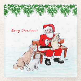 Merry Christmas - Santa Claus with Cat and Dog Glass Coaster