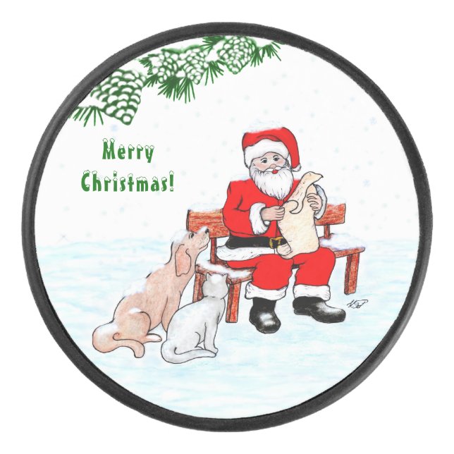 Merry Christmas! Santa Claus with Cat and Dog Hockey Puck (Front)