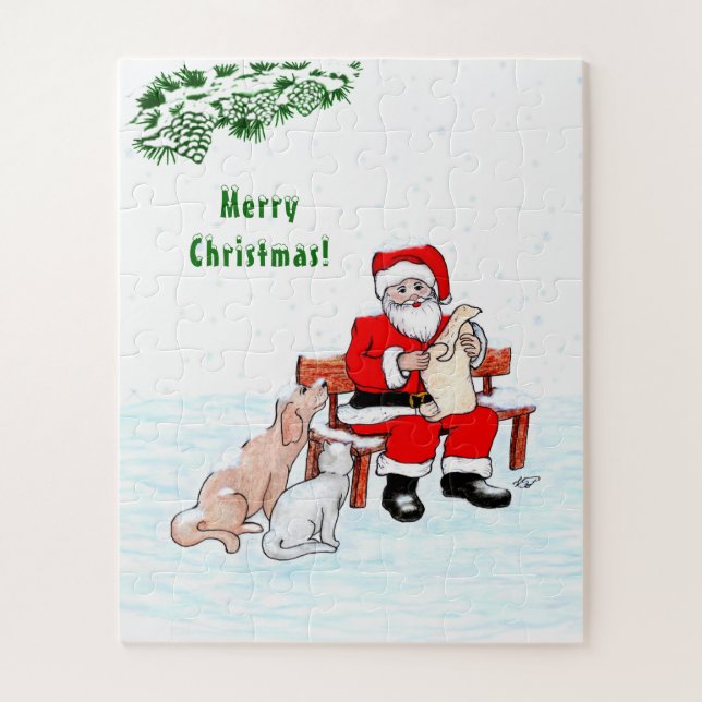 Merry Christmas! Santa Claus with Cat and Dog Jigsaw Puzzle (Vertical)