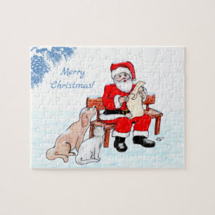Merry Christmas - Santa Claus with Cat and Dog Jigsaw Puzzle