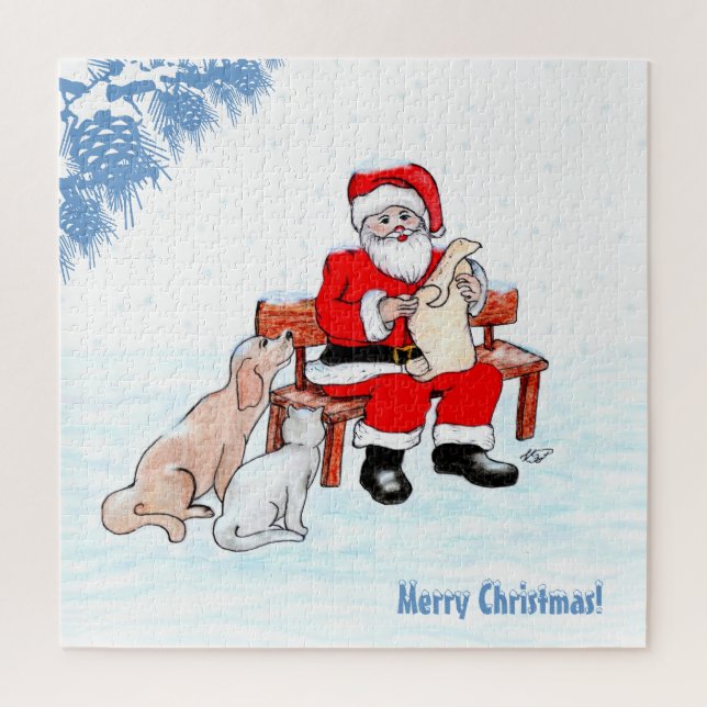 Merry Christmas - Santa Claus with Cat and Dog Jigsaw Puzzle (Vertical)