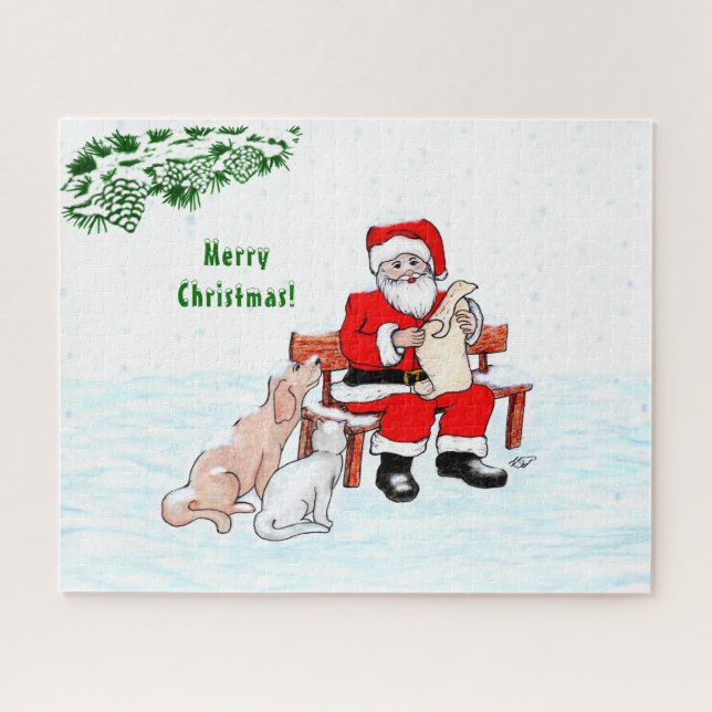 Merry Christmas! Santa Claus with Cat and Dog Jigsaw Puzzle (Horizontal)