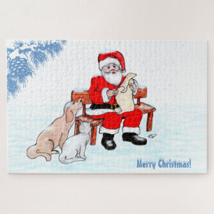 Merry Christmas - Santa Claus with Cat and Dog Jigsaw Puzzle