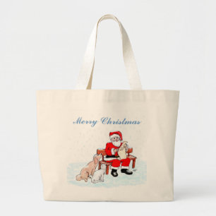 Merry Christmas - Santa Claus with Cat and Dog Large Tote Bag