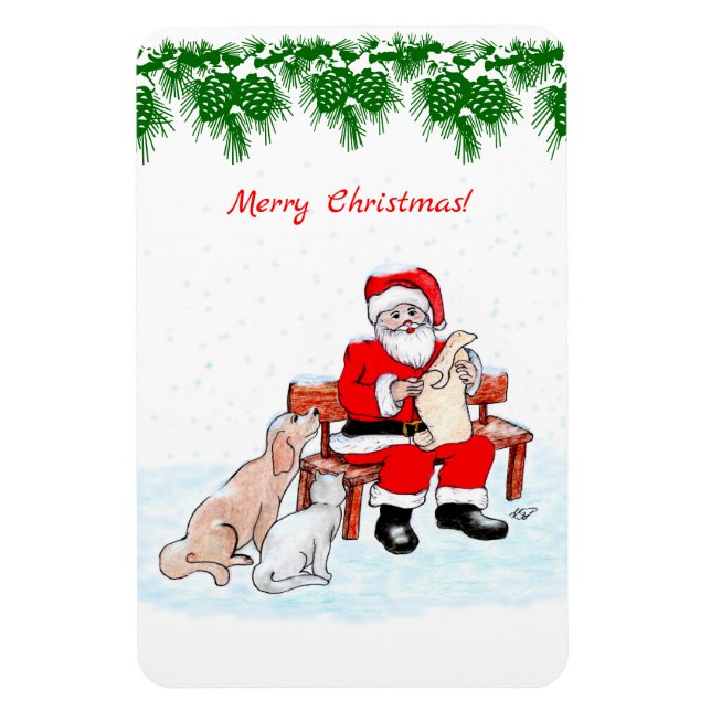 Merry Christmas - Santa Claus with Cat and Dog Magnet (Vertical)